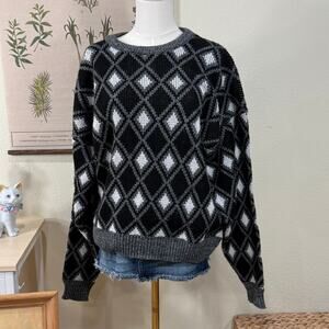 Vintage 90s Black White Argyle Pullover Grandpa Sweater Retro Soft Boy Skater M